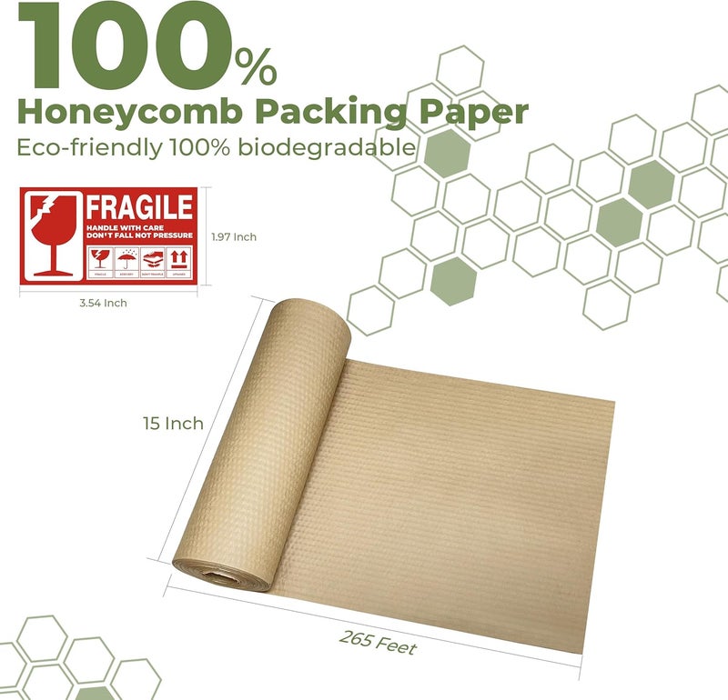 Pordrick Honeycomb Packing Paper Wrap 15''x265', Substitute Alternative for Bubble Cushioning Wrap for Moving Shipping Packaging, Recyclable Moving Supplies with 60 Fragile Sticker Labels - Image 2